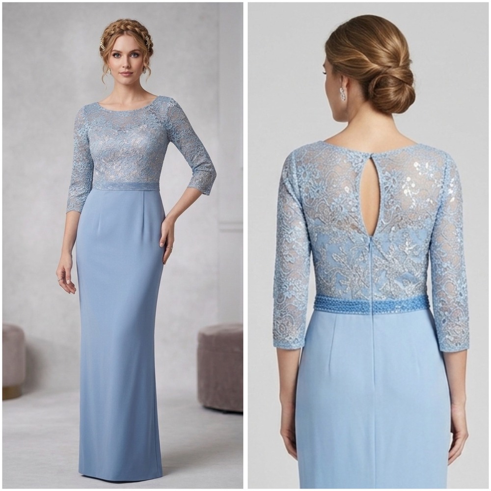 Cameron Blake Mon‎ Cheri Powder Blue Lace Sequin Gown Dress 114654 Size 6 NEW